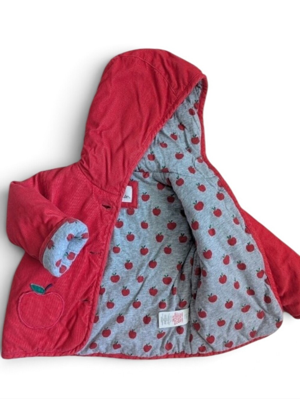 Baby Boden Red Hooded Apple Motif Corduroy Puffer Jacket 12-18M